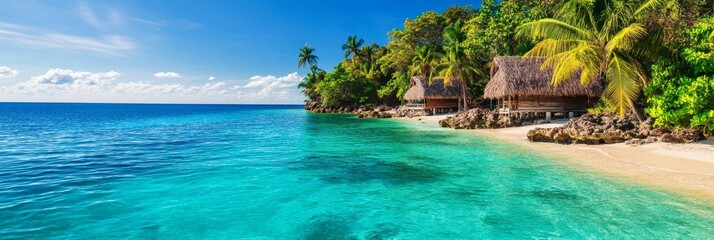 A tranquil tropical beach scene featuring pristine white sand, crystal clear turquoise water, swaying palm trees, and charming wooden cabanas offering a peaceful escape.