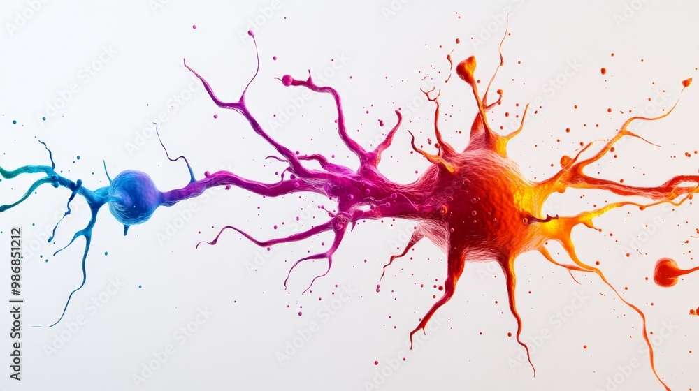 Poster a vibrant and abstract representation of a neuron with dendrites, symbolizing connection, communicat