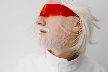 futuristic man with white hair and red glasses, minimalistic background, modern concept of...