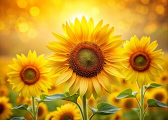 Obraz premium Vibrant sunflower blooms against a plain, yellow-hued background