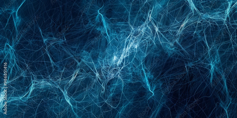 Poster modern image of a complex web of information, featuring a network of overlapping data streams and in