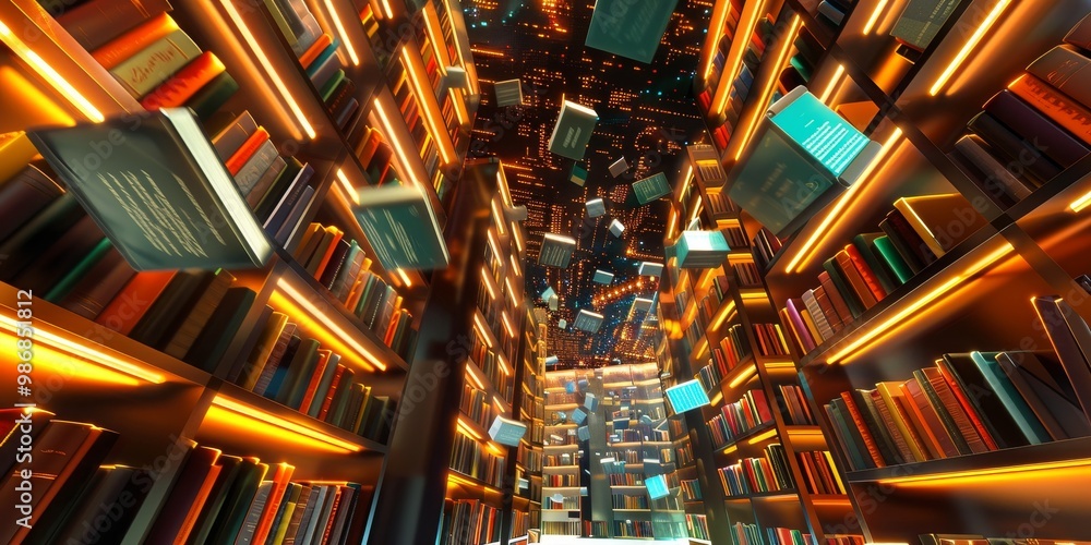 Poster interactive virtual library displaying floating e-books in a high-tech, immersive environment, with 