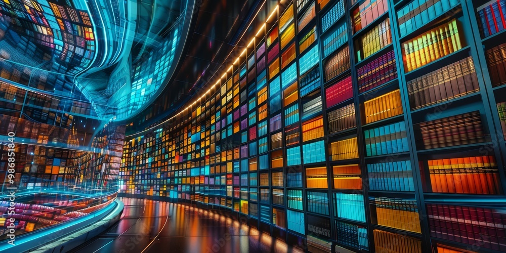 Poster virtual library with colorful digital book covers and interactive navigation, set against a high-tec