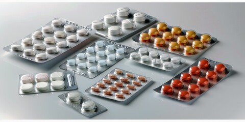 Pharmaceutical drugs in various packaging types including blister packs and bottles, with close-up views of labels and packaging designs that ensure proper medication use