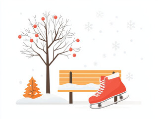 Ice skates resting by snowy bench create peaceful winter scene, evoking sense of tranquility and joy in snowy landscape