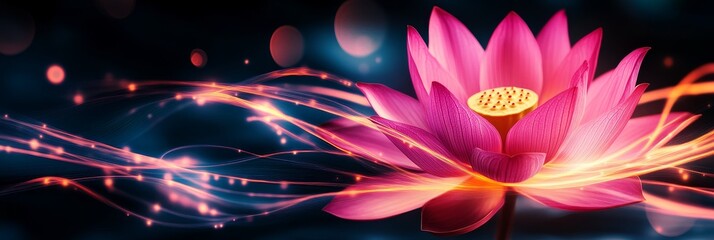 A vibrant pink lotus flower glows with an ethereal light, surrounded by shimmering streams of energy. Symbolizing purity, enlightenment, beauty, peace, and rebirth.