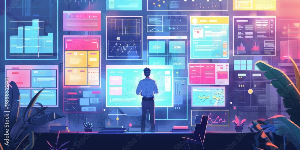 Poster Office scene featuring a UX designer analyzing usability metrics on a large display, with detailed user journey maps and design drafts visible, showcasing data-driven design work