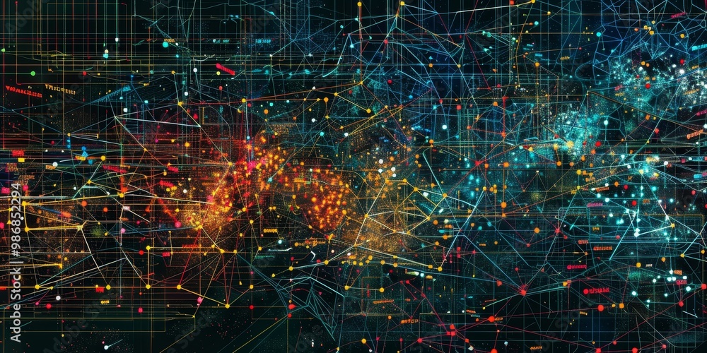 Poster high-tech depiction of a complex web of information with detailed interconnected nodes and data chan