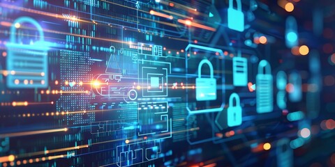 Futuristic depiction of cybersecurity standards with frameworks and regulations, featuring digital icons and compliance documents in a dynamic, tech-oriented environment