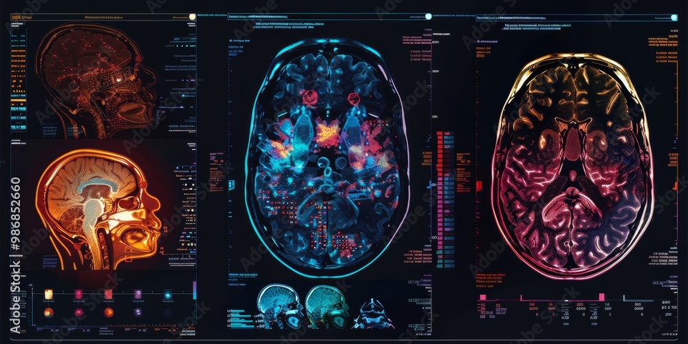 Poster Dynamic and colorful PET scan with varied heatmaps showcasing different activity levels, perfect for use in healthcare, research, and educational materials