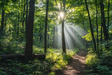 Obraz premium Summer season hike through a lush green forest, with sun rays filtering through the trees