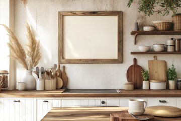 Photo Frame mockup in nomadic boho kitchen interior with rustic decor, 3d render