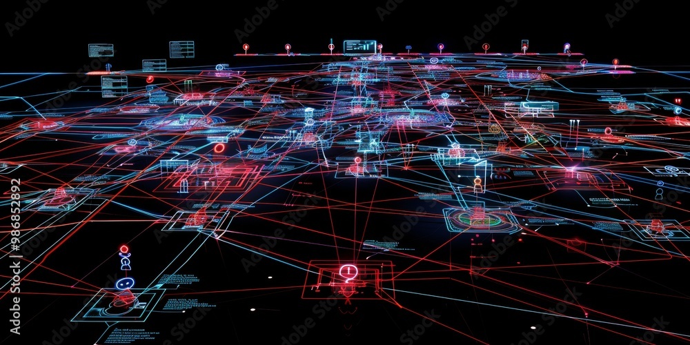 Poster high-tech depiction of a complex web of information with detailed interconnected nodes and data chan