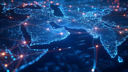Abstract map of Saudi Arabia, Middle East and North Africa, concept of global network and connectivity, data transfer and cyber technology, information exchange and telecommunication.