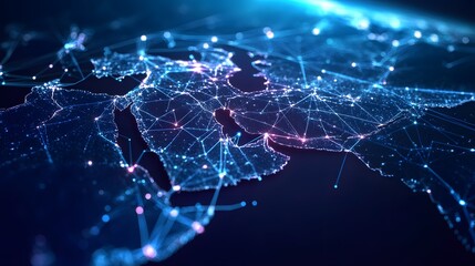Abstract map of Saudi Arabia, Middle East and North Africa, concept of global network and connectivity, data transfer and cyber technology, information exchange and telecommunication.