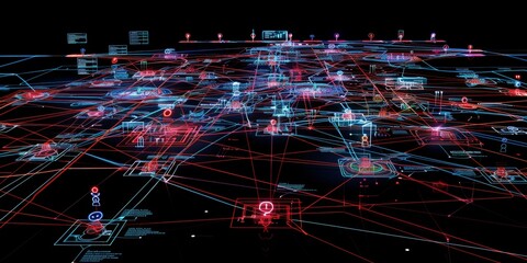 High-tech depiction of a complex web of information with detailed interconnected nodes and data channels, suitable for illustrating sophisticated data systems