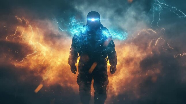 the silhouette of a person wearing a robe stands and emits lightning on his body with smoke surrounding him. Virtual 4K video animation background with looping time lapse with very smooth graphics.