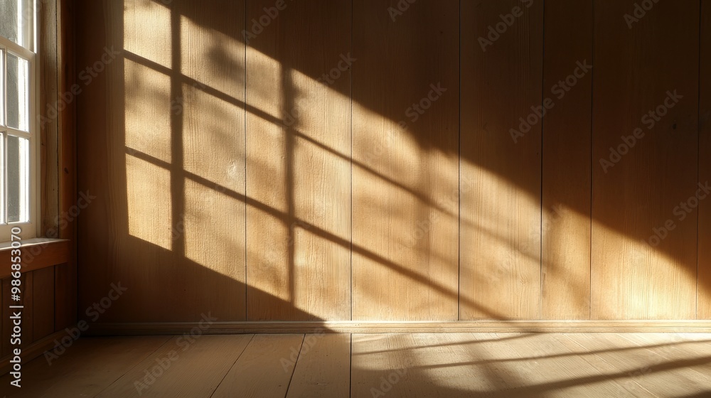 Poster a wooden wall with warm tones and a soft light filtering through a window, creating gentle shadows t