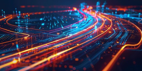 Obraz premium A sleek digital roadmap illustrated with bright, luminous lines and markers, showcasing the strategic journey through technological advancements and future planning