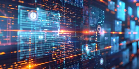 Fototapeta premium Futuristic depiction of cybersecurity standards with frameworks and regulations, featuring digital icons and compliance documents in a dynamic, tech-oriented environment