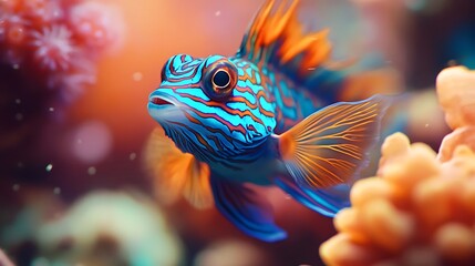Fototapeta premium Striped Mandarin Fish Swimming Near Coral