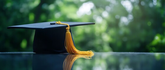 Black Graduation Cap with Golden Tassel on Reflective Surface in Natural Light