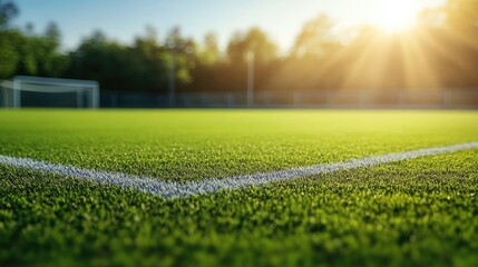 Blurred Green Soccer Field with Goal Post and Sunlight &ndash; Open Grass Surface with White Lines
