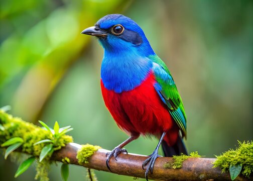 Vivid close-up of a tocororo bird with vibrant blue, green, and red plumage perched on a branch