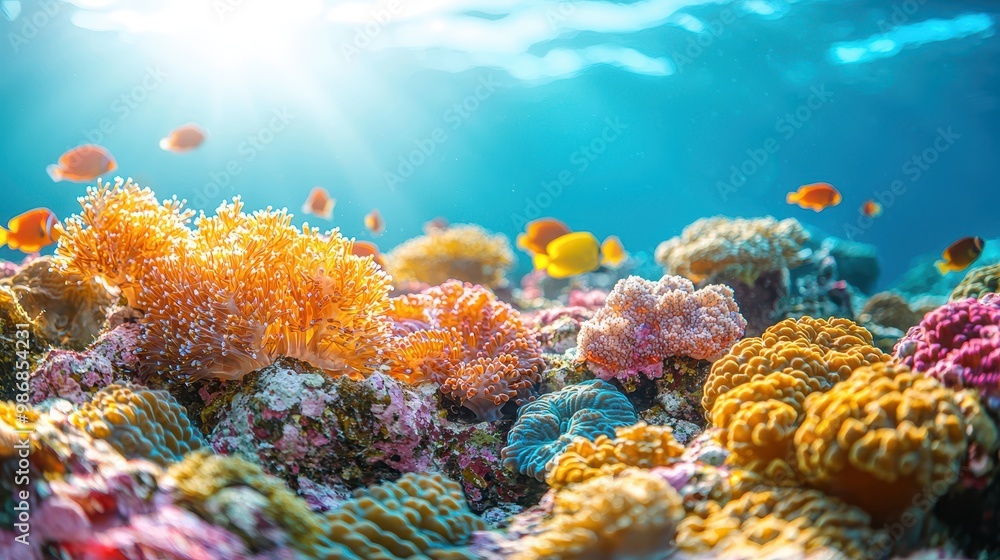 Poster colorful coral reef with tropical fish and sunlight