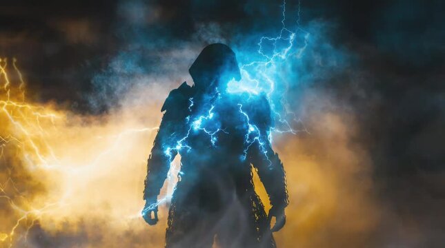 the silhouette of a person wearing a robe stood up and released lightning on his body. Virtual 4K video animation background with looping time lapse with very smooth graphics.