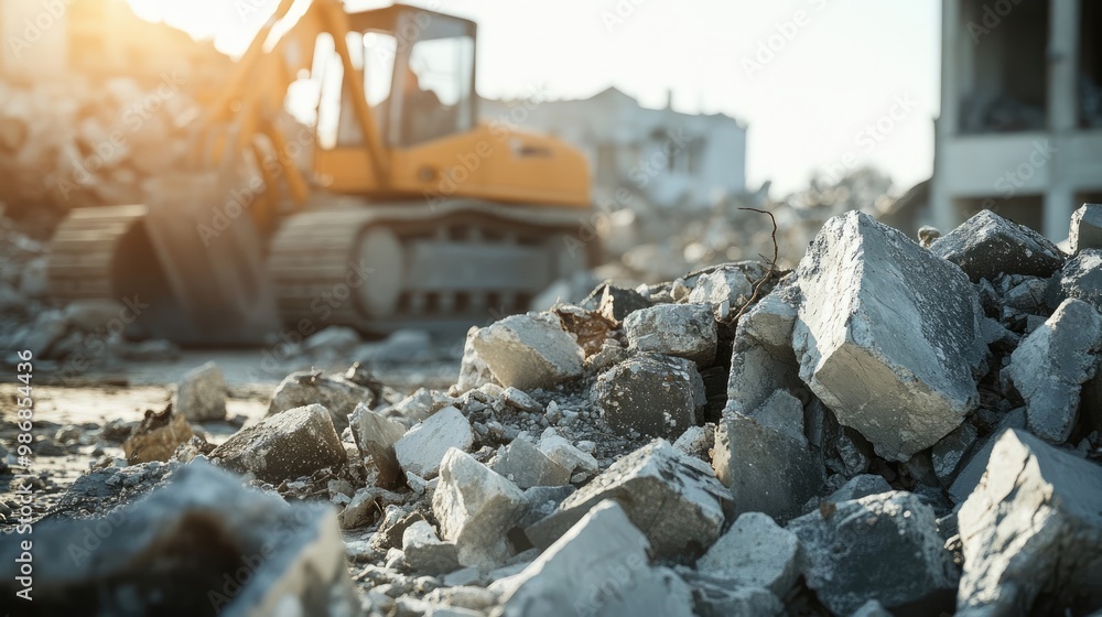 Wall mural construction site rubble and debris with excavator in the background