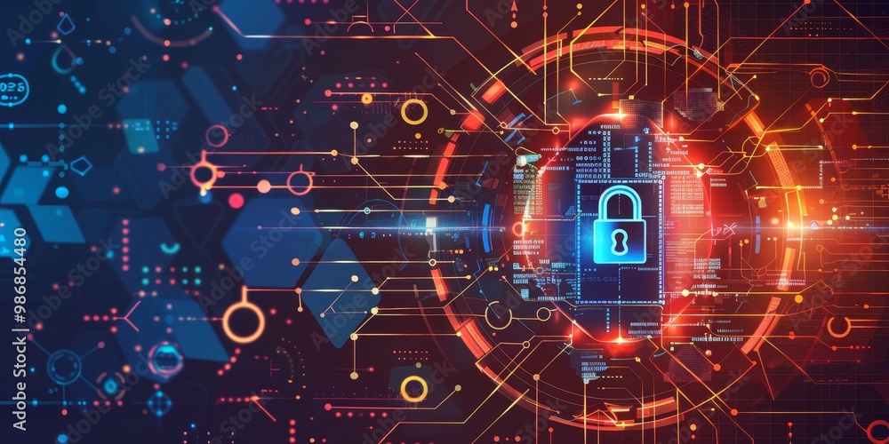 Poster illustration of a security policy with background elements of digital locks, firewalls, and encrypti