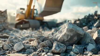 Naklejka premium Construction Site Rubble and Debris with Excavator in the Background