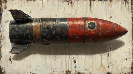 Fototapeta premium Vintage Spaceship Illustration Red and Black Retrofuturistic Design Worn Metal Spacecraft