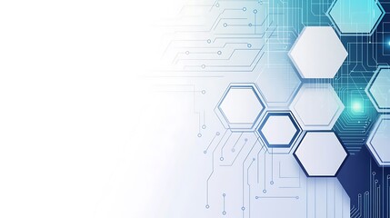 Obraz premium Abstract technology background with white hexagons on blue circuit board.
