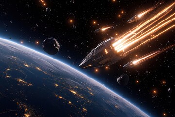 Obraz premium Massive space carrier releasing smaller drones and shuttles, surrounded by asteroids, futuristic spacecraft, fleet operations
