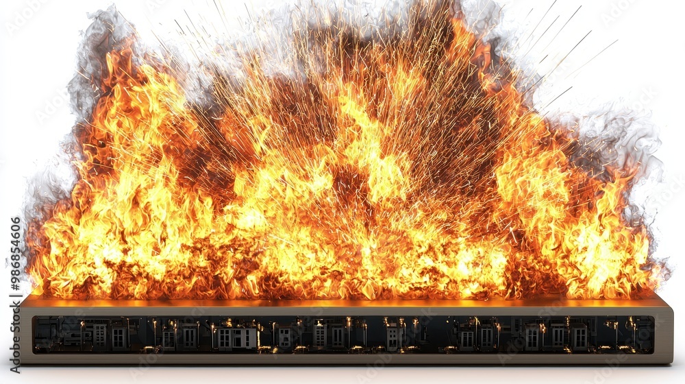 Poster burning server rack fire data center server room explosion technology network
