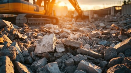 Construction Site Rubble and Debris with Excavator in the Background