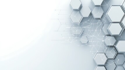 Abstract 3D hexagonal pattern with a white background and light grey lines connecting the shapes.