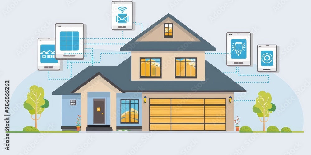 Poster a modern smart home featuring interconnected security devices, smart locks, and climate controls, al