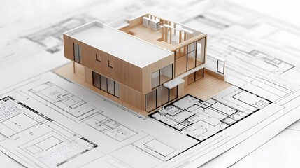 Architectural design drawings with a building model on a blueprint floor plan, illustrating house construction.