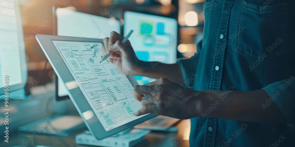 Poster UX designer creating interactive prototypes on a tablet, with sketches, wireframes, and design tools visible, highlighting the iterative process of refining user interfaces