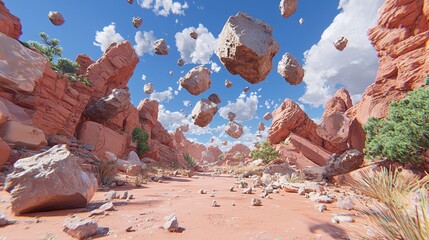 Surreal Desert Landscape with Floating Rocks and Blue Sky