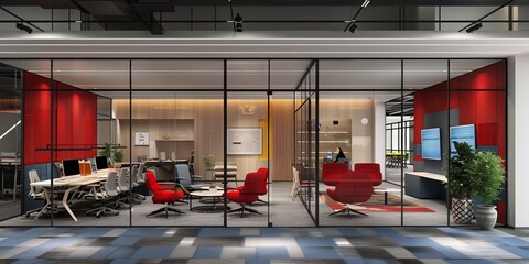 Corporate culture captured in a dynamic office setting: team brainstorming sessions, interactive design elements, and modern workspace encouraging teamwork and innovative thinking