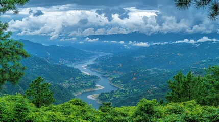 Serene Mountain Landscape with Winding River and Dramatic Clouds