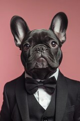 A French Bulldog Wearing A Black Suit And Bow Tie