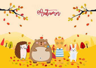 Fall season. Set of cute autumn cartoon animals, Bear, Rabbit, Wolf, Leaves and Hedgehog. On the background of autumn.
