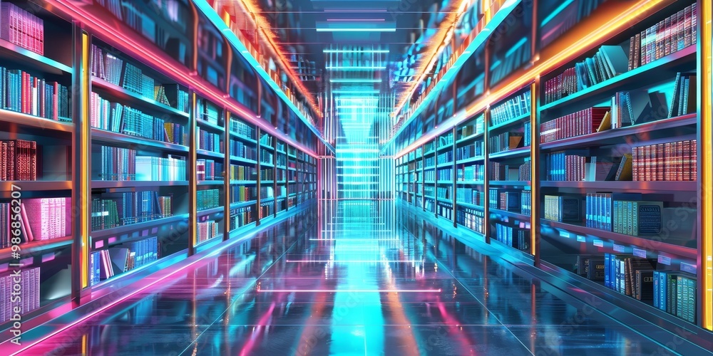 Poster virtual library with an array of colorful digital book covers and interactive search options, set in
