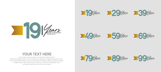 anniversary logotype set. green number and brown ribbon for celebration