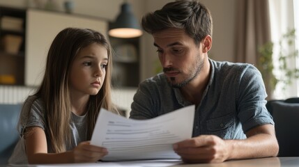A man and a girl are sitting at a table looking at a piece of paper